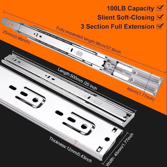Alt view image 2 of 7 - 20 inch Drawer Slides 6 Pairs (12pcs) Soft Self Close 3 fold Full Extension Ball Bearing Cabinet Drawer Glides Side Mount for Dresser, Cabinet, Kitchen 100 LB Capacity 20" Silver