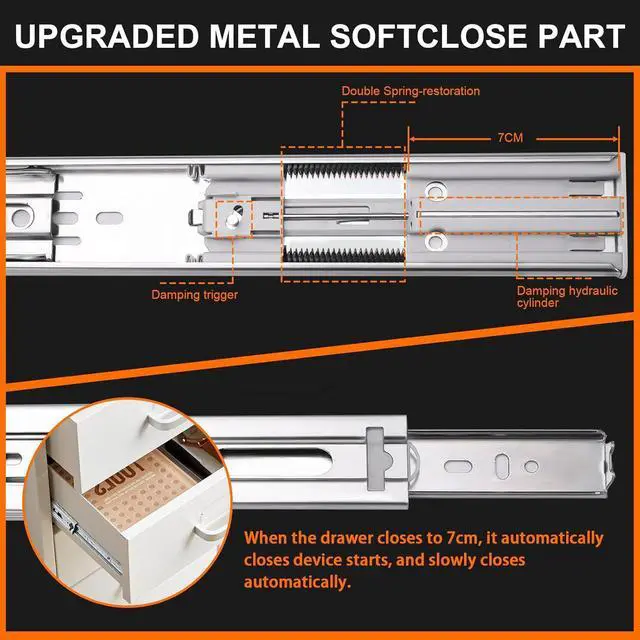 Alt view image 4 of 7 - 20 inch Drawer Slides 6 Pairs (12pcs) Soft Self Close 3 fold Full Extension Ball Bearing Cabinet Drawer Glides Side Mount for Dresser, Cabinet, Kitchen 100 LB Capacity 20" Silver