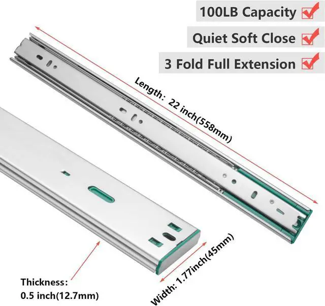 Alt view image 2 of 7 - 10 Pairs Soft Close Drawer Slides 22 Inch Heavy Duty Side Mount Dresser Cabinet Rails Metal Ball Bearing and Full Extension Kitchen Cabinet Drawer Runners 100 LB Capacity