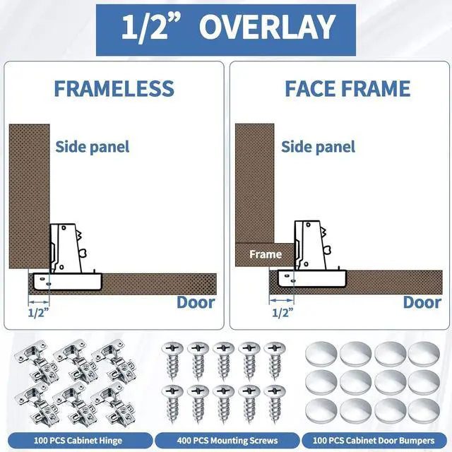 Alt view image 4 of 7 - 100 Pack Soft Closing Cabinet Hinges for Kitchen 1/2 Inch Partial Overlay Kitchen Cabinet Door Hinges 105 Degree Concealed with Mounting Screws for Frameless Face Frame Door