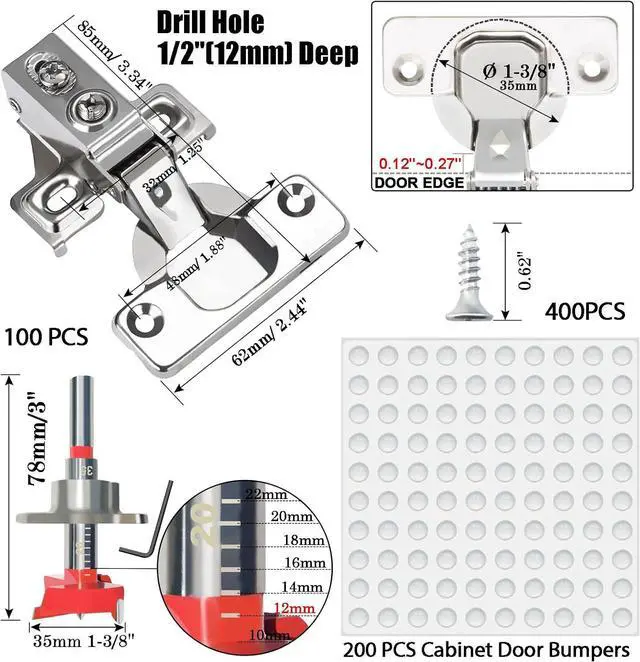 Alt view image 2 of 7 - 100 Pack 1/2 inch Overlay Soft Close Cabinet Door Hinges for Kitchen Cabinet Hinge, 100 Degree Opening Angel, Stainless Concealed Kitchen Cabinets Hinge Self Closing with Drilling Tool &Manual