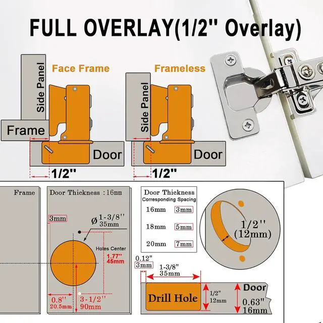 Alt view image 3 of 7 - 100 Pack 1/2 inch Overlay Soft Close Cabinet Door Hinges for Kitchen Cabinet Hinge, 100 Degree Opening Angel, Stainless Concealed Kitchen Cabinets Hinge Self Closing with Drilling Tool &Manual