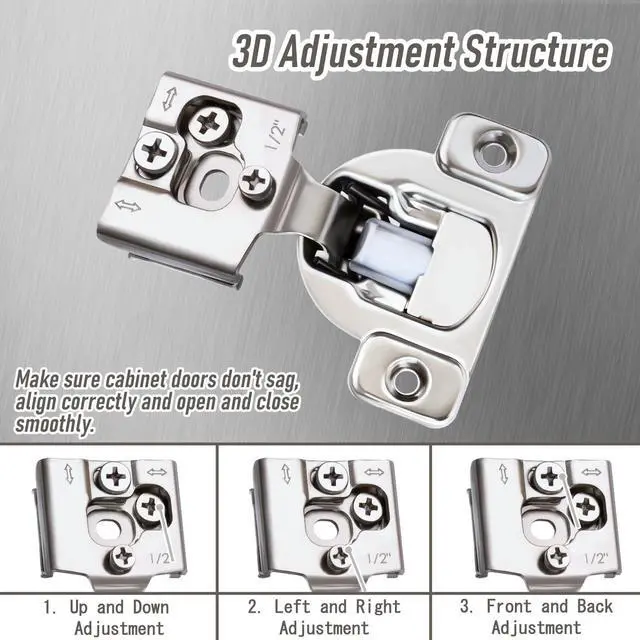 Alt view image 2 of 7 - Soft Close Cabinet Hinges,  50 Pack 25 Pair 1/2 inch Overlay Self Slow Closing Door Hinges for Kitchen Cabinets, Face Frame Cabinet Concealed Hinges with Built-in Damper, 3 Way Adjustability