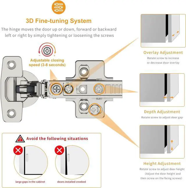 Alt view image 3 of 7 - 20 Pack Frameless Full Overlay Soft Close Concealed European Hinges, Self Closing Satin Nickel, 105 ° Open Angle 4D Adjustment, Speed Control, Clip On, Stainless Steel for Cabinet Door
