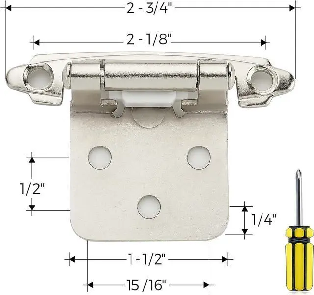 Alt view image 3 of 7 - 60 Pack 30 Pairs 1/2 Inch Overlay Cabinet Door Hinges Kitchen Satin Nickel Semi-Concealed Face Mount Self-Closing Cabinet Hinges with Bumpers & Screwdriver