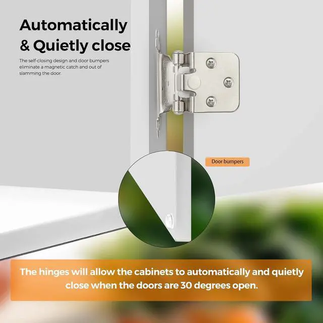 Alt view image 7 of 7 - 60 Pack 30 Pairs 1/2 Inch Overlay Cabinet Door Hinges Kitchen Satin Nickel Semi-Concealed Face Mount Self-Closing Cabinet Hinges with Bumpers & Screwdriver