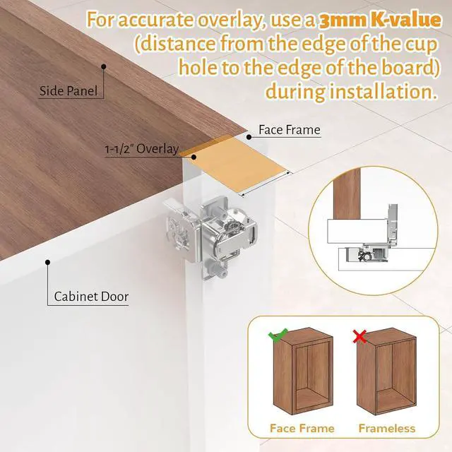 Alt view image 4 of 7 - 50 Pack 1-1/2" Overlay 3D Soft Close Concealed Hinge for Face Frame Door, Self Closing Hinges, 105° Smooth Slow Close Quite, Hidden Stainless Steel Hinge for Kitchen Cabinet Door, Satin Nickel