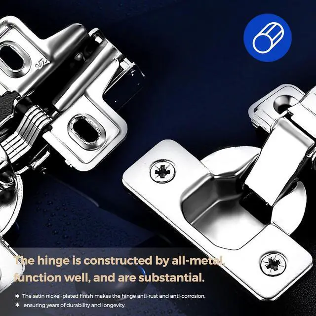 Alt view image 4 of 7 - 60 Pack 30 Pairs Short Arm Kitchen Cabinet Hinges for 1/2 Inch Overlay Cabinet, Brushed Nickel 105 Degree Opening Angle Hinges, Soft Close Concealed with Mounting Screws for Face Frame Door