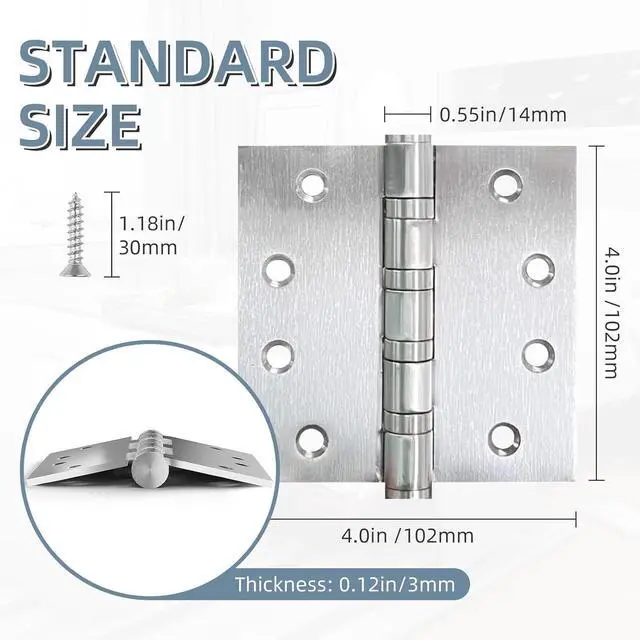 Alt view image 3 of 7 - 6 Pack Stainless Steel 4'' Door Hinges, 4in x 4in Heavy-Duty Ball Bearing Door Hinges with Square Corners for Exterior & Interior Doors, Silver