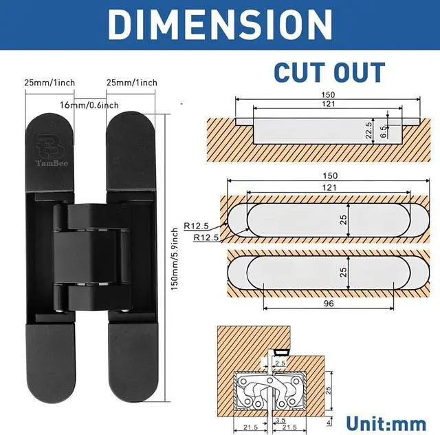 Alt view image 2 of 7 - 6inch Hidden Door Hinges Invisible Hinges Concealed Hinge Zinc Alloy 180 Degree 3 Way Adjustable Butt Hinge 6 x 2.5 x 1 inch Black for Secret Room & Hidden Bookcase Bookshelf (2 Pack)