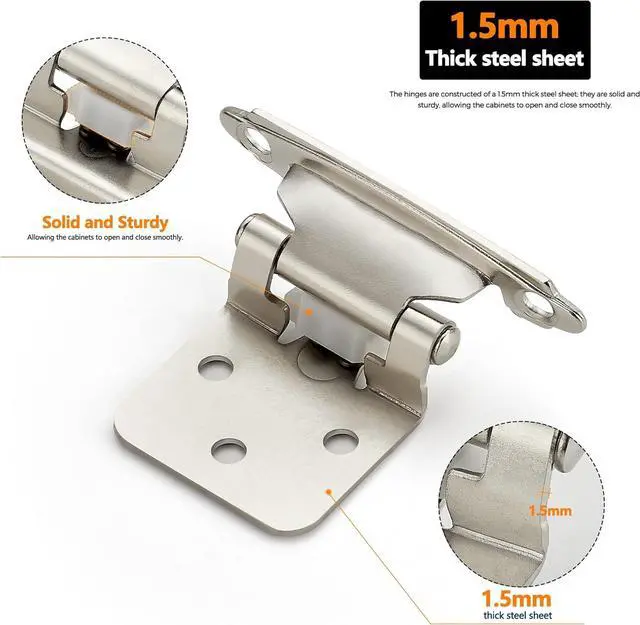 Alt view image 4 of 7 - 60 Pack 30 Pairs 1/2 Inch Overlay Cabinet Door Hinges Kitchen Satin Nickel Semi-Concealed Face Mount Self-Closing Cabinet Hinges with Bumpers & Screwdriver