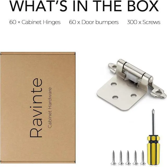 Alt view image 5 of 7 - 60 Pack 30 Pairs 1/2 Inch Overlay Cabinet Door Hinges Kitchen Satin Nickel Semi-Concealed Face Mount Self-Closing Cabinet Hinges with Bumpers & Screwdriver