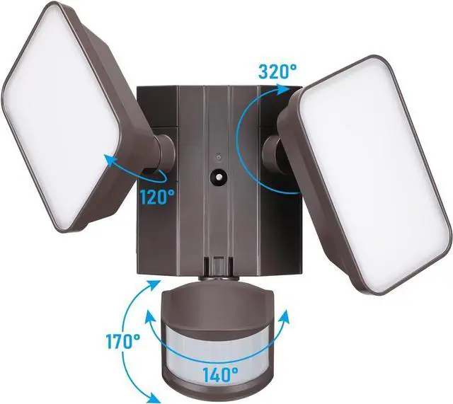 Alt view image 6 of 7 - 28W LED Security Light with GFCI Outlets, Motion Sensor & Dusk to Dawn Flood Lights Outdoor, Adjustable 2-Head, Wet Location, 5000K Daylight, ETL Listed, Bronze, Pack of 2