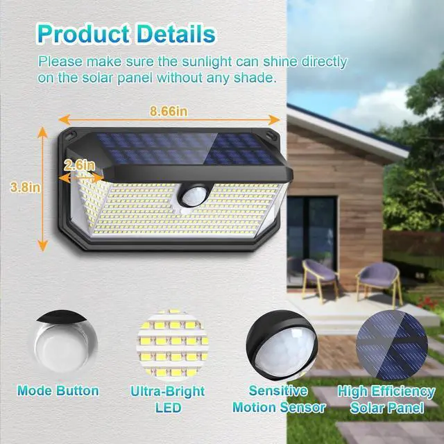 Alt view image 6 of 7 - Solar Outdoor Lights, 4000LM 388 LEDs Motion Sensor Outdoor Light, IP65 Waterproof Solar Powered Outside Lights with 270° Wide Angle & 3 Modes, Exterior Flood Security Lights for Patio Garage, 6-Pack