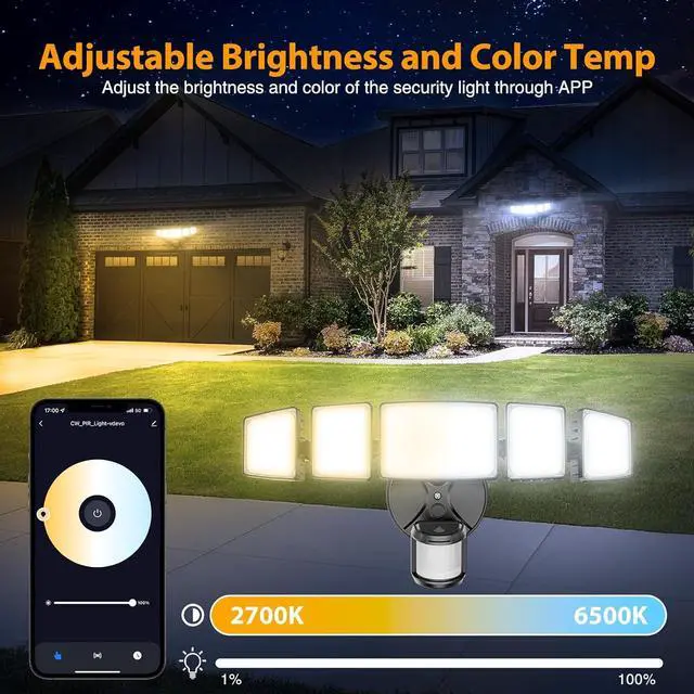 Alt view image 5 of 7 - 5 Heads 120W Smart LED Security Lights Motion Sensor Outdoor, 340° Illumination WiFi Alexa Flood Light 12000LM APP Control, 2700K-6500K Exterior Motion Detector, IP65 Wall Light for Yard, Balck