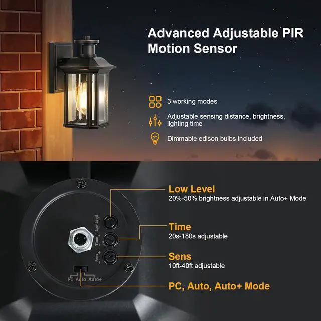Alt view image 2 of 7 - 2 Pack Motion Sensor Outdoor Lights, 3 Adjustable Lighting Modes Porch Lights, Dusk to Dawn Exterior Lighting Fixture, Waterproof Outside Wall Lantern Sconce for House, Garage, Front Porch, ETL Listed
