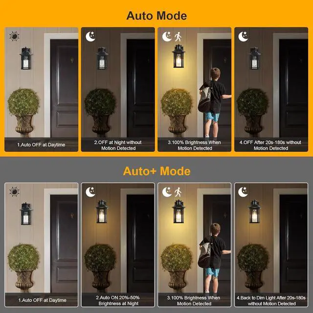 Alt view image 4 of 7 - 2 Pack Motion Sensor Outdoor Lights, 3 Adjustable Lighting Modes Porch Lights, Dusk to Dawn Exterior Lighting Fixture, Waterproof Outside Wall Lantern Sconce for House, Garage, Front Porch, ETL Listed