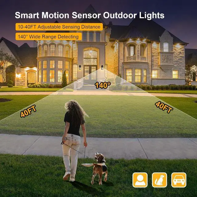 Alt view image 5 of 7 - 2 Pack Motion Sensor Outdoor Lights, 3 Adjustable Lighting Modes Porch Lights, Dusk to Dawn Exterior Lighting Fixture, Waterproof Outside Wall Lantern Sconce for House, Garage, Front Porch, ETL Listed