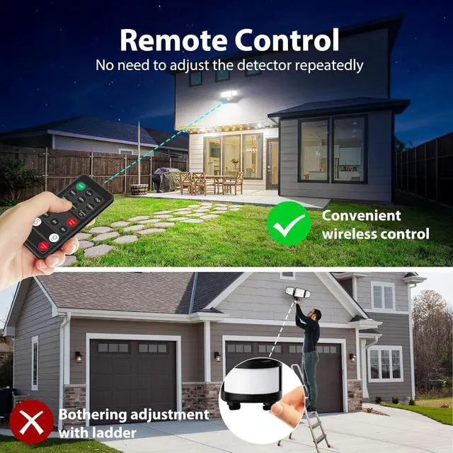 Alt view image 6 of 7 - 150W Motion Sensor Outdoor Lights, 15000LM LED Security Lights Motion Sensor Light Outdoor, 3 Adjustable Heads LED Flood Light, Group Remote Control, 3 Mode IP65 Floodlight for Yard(White)