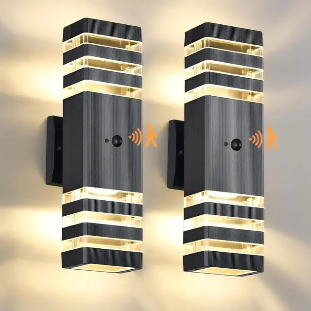 Main image of Motion Sensor Outdoor Wall Lights 2 Pack, Dusk to Dawn Outdoor Lighting 3-Layer Exterior Porch Light Fixtures, Up and Down Outside Lights for House Garage