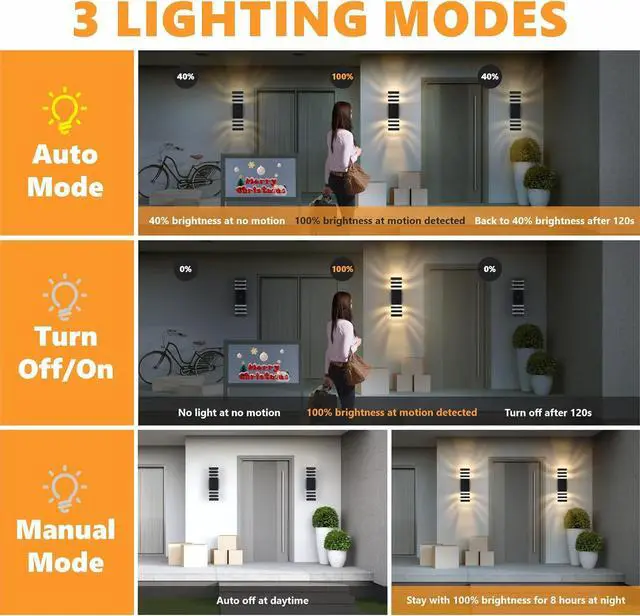 Alt view image 3 of 6 - Motion Sensor Outdoor Wall Lights 2 Pack, Dusk to Dawn Outdoor Lighting 3-Layer Exterior Porch Light Fixtures, Up and Down Outside Lights for House Garage