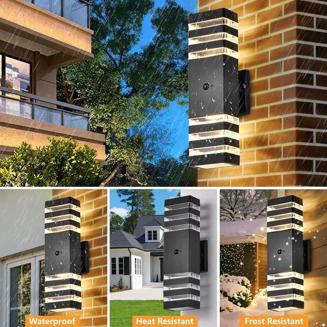 Alt view image 4 of 6 - Motion Sensor Outdoor Wall Lights 2 Pack, Dusk to Dawn Outdoor Lighting 3-Layer Exterior Porch Light Fixtures, Up and Down Outside Lights for House Garage