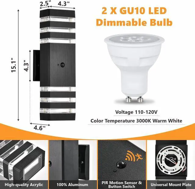 Alt view image 5 of 6 - Motion Sensor Outdoor Wall Lights 2 Pack, Dusk to Dawn Outdoor Lighting 3-Layer Exterior Porch Light Fixtures, Up and Down Outside Lights for House Garage