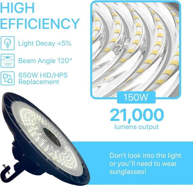 Alt view image 4 of 7 - HYPERLITE UFO LED High Bay Light with Motion Sensor 21000LM, 150W Smart High Bay LED Lights with Remote Control, 120-277V IP65 Waterproof High Bay Shop Light for Shop Barn Warehouse
