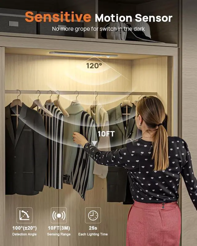 Alt view image 4 of 7 - 16in Under Cabinet Lighting with Remote Control,160 LED Motion Sensor Light Indoor,4000mAh USB Rechargeable Closet Lights,3 Color Temps Wireless Under Counter Lights for Kitchen,Pantry, Stair, 5 Pack