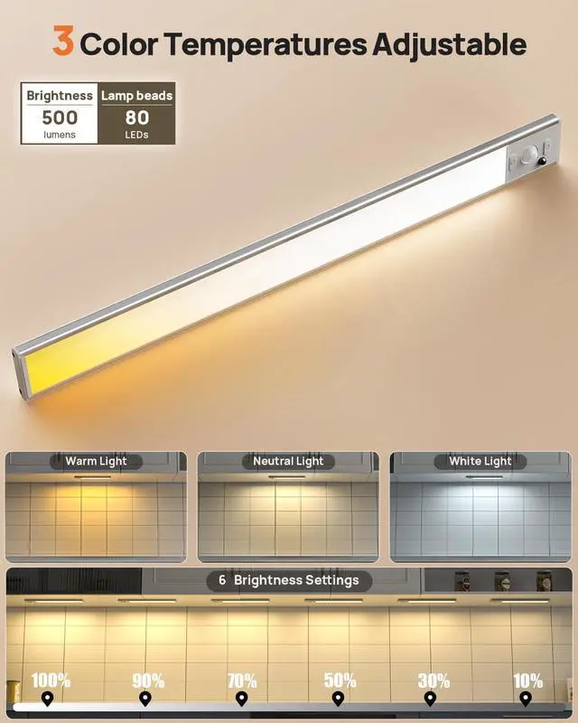 Alt view image 6 of 7 - 16in Under Cabinet Lighting with Remote Control,160 LED Motion Sensor Light Indoor,4000mAh USB Rechargeable Closet Lights,3 Color Temps Wireless Under Counter Lights for Kitchen,Pantry, Stair, 5 Pack