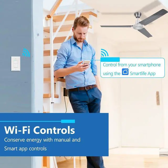 Alt view image 2 of 7 - Smart Fan Switch, Wi-Fi 4-Speed Fan Control Switch, Single Pole Only, 2.4GHz WiFi Remote Control Ceiling Fan Switch, Neutral Wire Required, 120V, 1.5A Motor, LED Indicator Speed, White