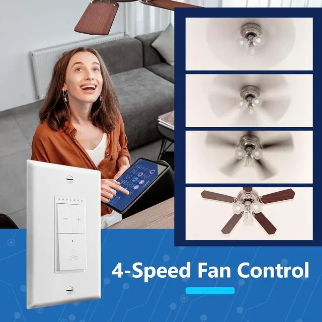 Alt view image 5 of 7 - Smart Fan Switch, Wi-Fi 4-Speed Fan Control Switch, Single Pole Only, 2.4GHz WiFi Remote Control Ceiling Fan Switch, Neutral Wire Required, 120V, 1.5A Motor, LED Indicator Speed, White