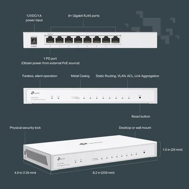 Alt view image 4 of 5 - Festa FS308G - 8 Port Gigabit Smart Managed Switch, Self-Organizing Network Free Cloud Management Fanless Static Routing, Vlan, ACL, LAG Desktop/Wall Mount, Does not Work w/ Omada