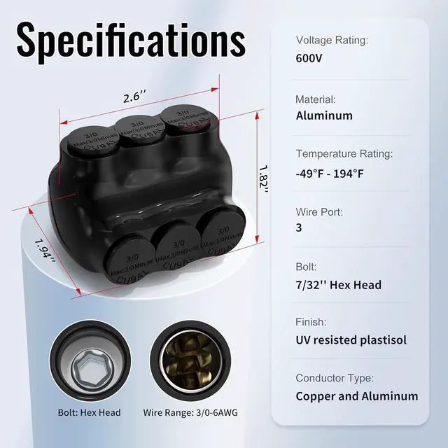Alt view image 2 of 6 - Insulated Tap Connector 3 Port 3/0-6 AWG Electrical Power Connectors 7/32" Allen Hex Aluminum Wire Connector - 6 Pack