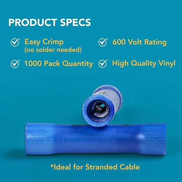 Alt view image 5 of 6 - (Blue 16-14GA 1000PK) Insulated Crimp Style Butt Connectors. Crimp Wire Gauges AWG 16-14, Insulated Splice Terminals, PVC Butt Splice