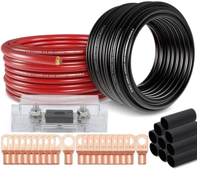 Main image of 4 Gauge Wire (25ft Each - Red/Black) Copper Clad Aluminum CCA - Primary Automotive Wire,Battery Power/Ground Cable, 20PCS Lugs Terminal Connectors,20PCS 3:1 Heat Shrink Tubing with 100A ANL Fuse
