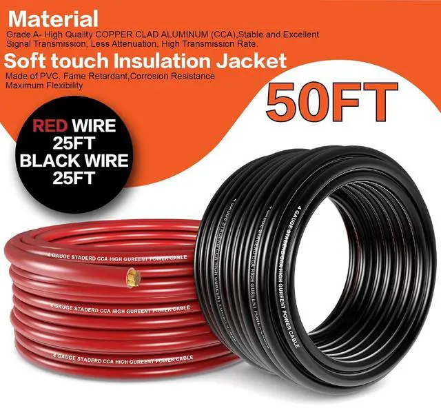 Alt view image 5 of 7 - 4 Gauge Wire (25ft Each - Red/Black) Copper Clad Aluminum CCA - Primary Automotive Wire,Battery Power/Ground Cable, 20PCS Lugs Terminal Connectors,20PCS 3:1 Heat Shrink Tubing with 100A ANL Fuse
