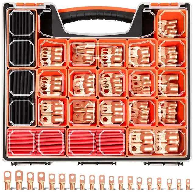 Main image of 220PCS Battery Cable Ends AWG 1 2 4 6 8 1/0 2/0 Gauge, 110PCS Heavy Duty Copper Wire Lugs Kit, Battery Cable Terminal Connectors Assortment with 110PCS 3:1 Heat Shrink Tubing
