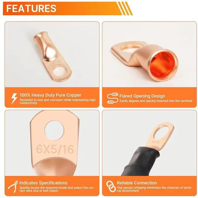 Alt view image 5 of 7 - 220PCS Battery Cable Ends AWG 1 2 4 6 8 1/0 2/0 Gauge, 110PCS Heavy Duty Copper Wire Lugs Kit, Battery Cable Terminal Connectors Assortment with 110PCS 3:1 Heat Shrink Tubing