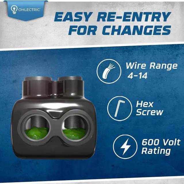 Alt view image 3 of 7 - High-Grade Insulated Wire Connectors (4 Pack) 2 Port Double Sided Multi-Tap Connector, Dual Side 4-14 Wire Range, 5/32 Hex Screw, Pre-Filled Oxide Inhibitor, Wire Cable Connectors UL Listed