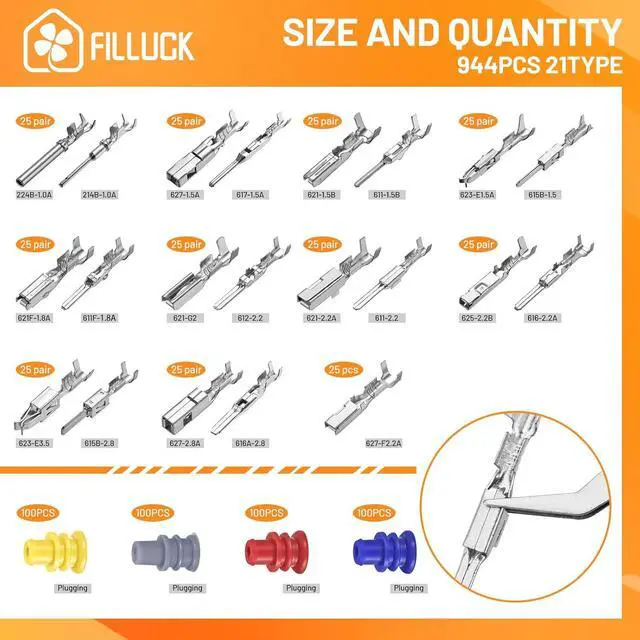 Alt view image 2 of 7 - 945Pcs Pin Connector Kit,Car Electrical Wire Connectors Terminal Pins,21Type Non-Insulated Plug 1/1.5/1.8/2.2/2.8/3.5mm,Large Quantity&Easy Store with Ratchet Crimping Tool 22-16 AWG