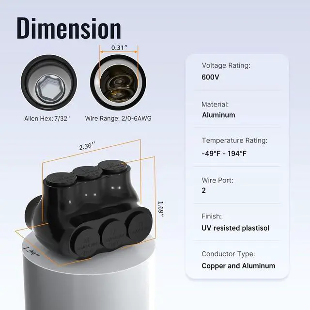 Alt view image 2 of 6 - 6PCS Dual Entry Aluminum Wire Connector 3 Port Insulated Multi Tap Connector 2/0-6 AWG Splice Electrical Power Connector 3/16" Allen Hex