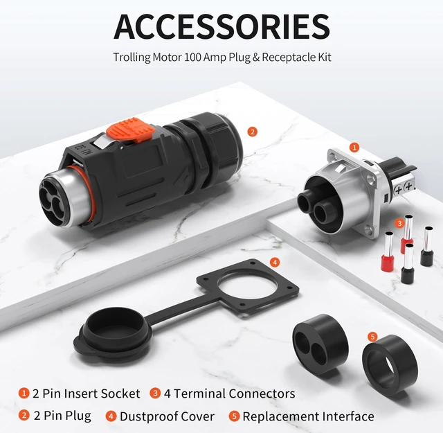 Alt view image 4 of 6 - 100 Amp Trolling Motor Plug & Receptacle Set, 6-4 AWG Fast Locking 2-Pin 12V-48V Circular Connector, Waterproof for Marine Boats