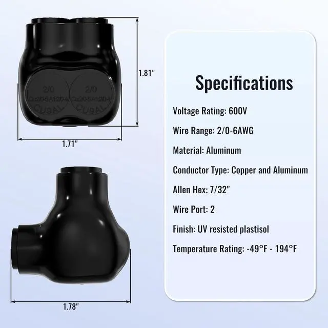 Alt view image 2 of 6 - Insulated Connector 2 Port Multi Tap Connector 2/0-6 AWG Single-Sided Entry Aluminum to Copper Wire Connectors Slotted Allen Hex - 6 Pack