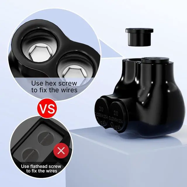 Alt view image 5 of 6 - Insulated Connector 2 Port Multi Tap Connector 2/0-6 AWG Single-Sided Entry Aluminum to Copper Wire Connectors Slotted Allen Hex - 6 Pack