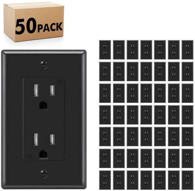 Main image of Decorator Receptacle Outlet, Tamper Resistant, Decorative Electrical Receptacle Outlet, 15Amp 125Volt, Grounding with Wall Plate UL Listed (50pack, Black, 15 Amp Outlet)