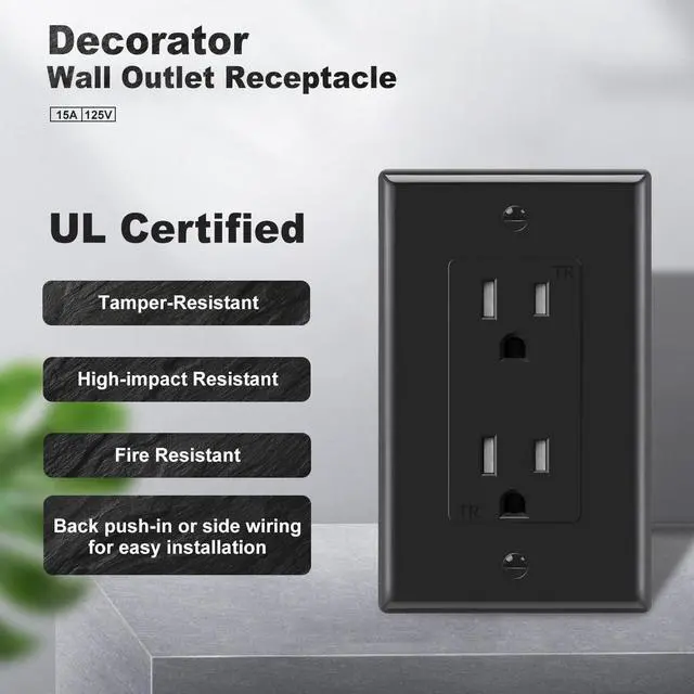 Alt view image 2 of 7 - Decorator Receptacle Outlet, Tamper Resistant, Decorative Electrical Receptacle Outlet, 15Amp 125Volt, Grounding with Wall Plate UL Listed (50pack, Black, 15 Amp Outlet)