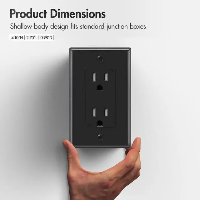 Alt view image 3 of 7 - Decorator Receptacle Outlet, Tamper Resistant, Decorative Electrical Receptacle Outlet, 15Amp 125Volt, Grounding with Wall Plate UL Listed (50pack, Black, 15 Amp Outlet)