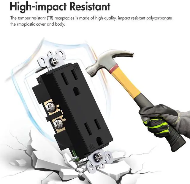 Alt view image 4 of 7 - Decorator Receptacle Outlet, Tamper Resistant, Decorative Electrical Receptacle Outlet, 15Amp 125Volt, Grounding with Wall Plate UL Listed (50pack, Black, 15 Amp Outlet)