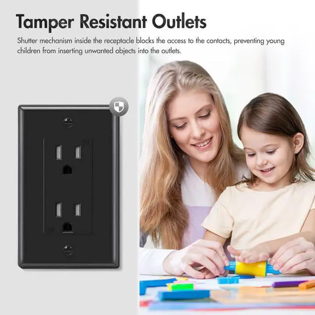 Alt view image 5 of 7 - Decorator Receptacle Outlet, Tamper Resistant, Decorative Electrical Receptacle Outlet, 15Amp 125Volt, Grounding with Wall Plate UL Listed (50pack, Black, 15 Amp Outlet)